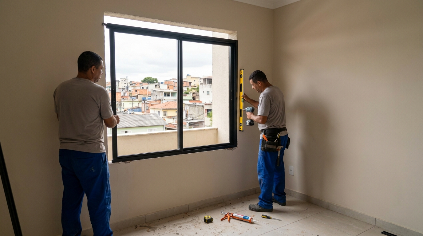 Esquadria de alumínio em quarto bege em Ribeirão Preto-SP