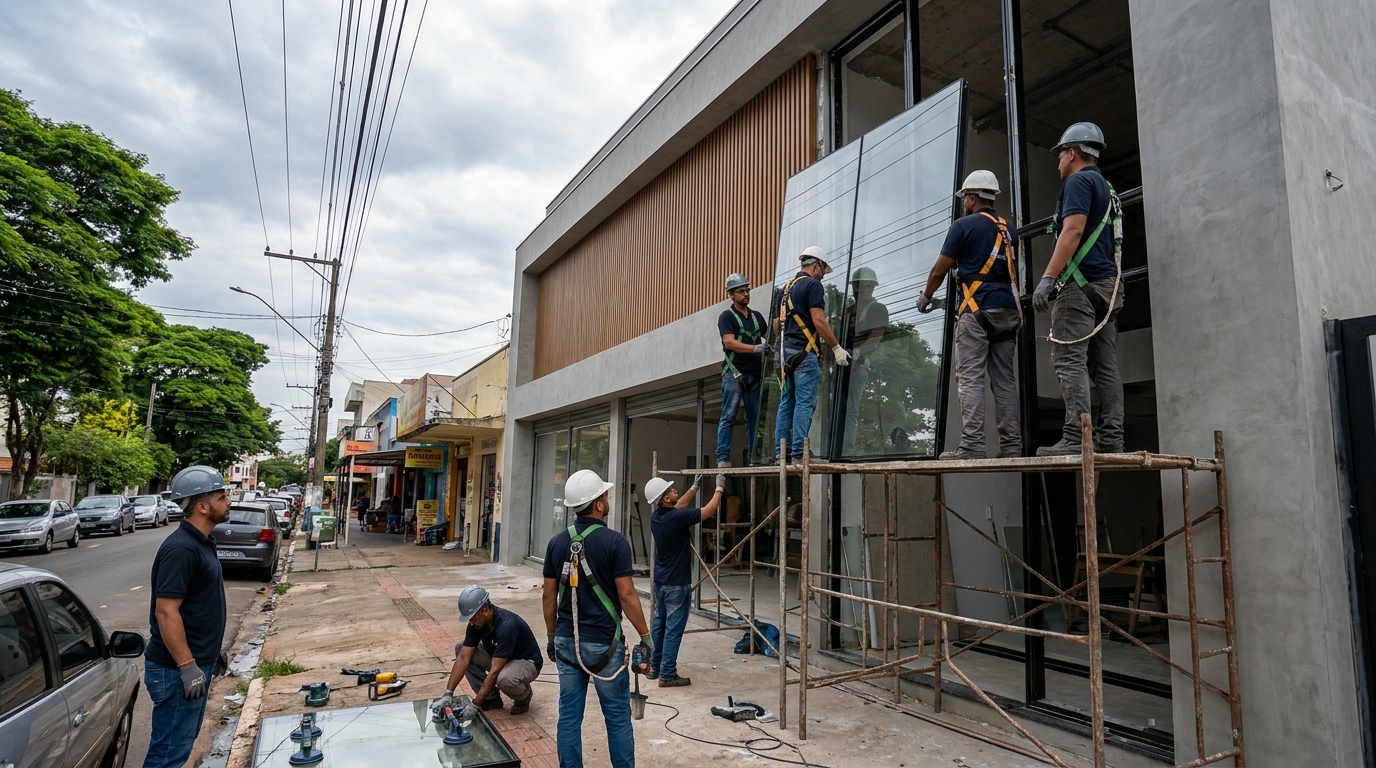 Fachada de vidro com andaime lateral em Ribeirão Preto-SP