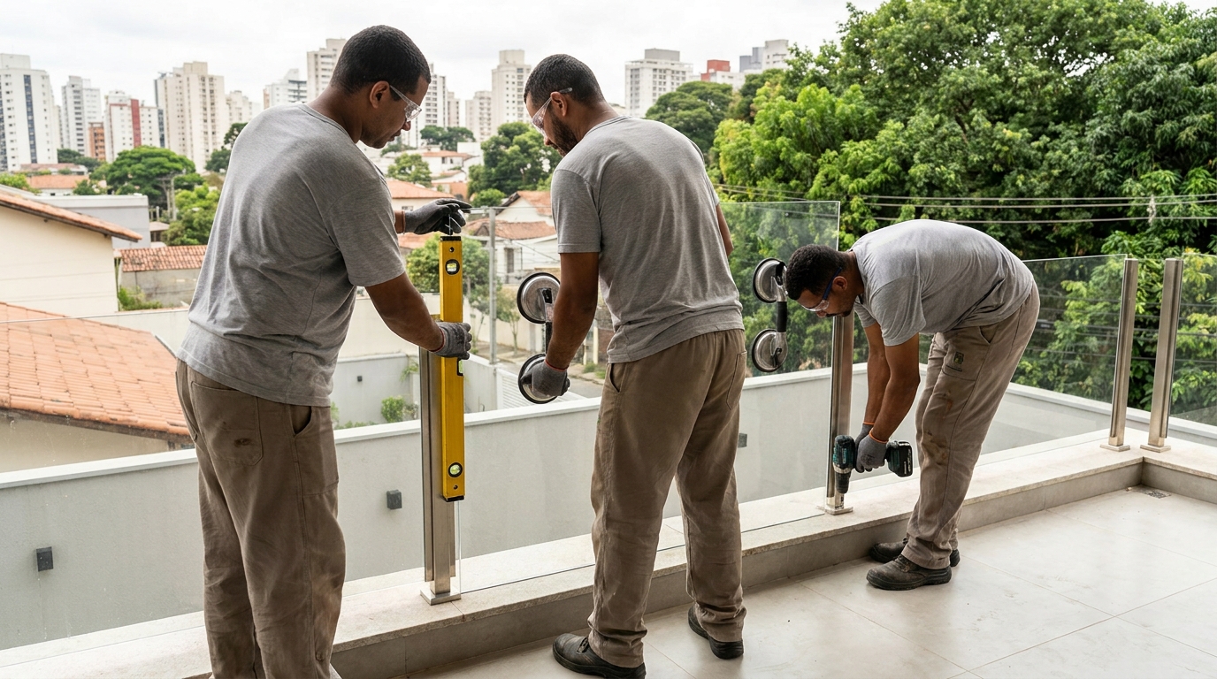 Guarda-corpo em terraço alto com vista cidade em Ribeirão Preto-SP