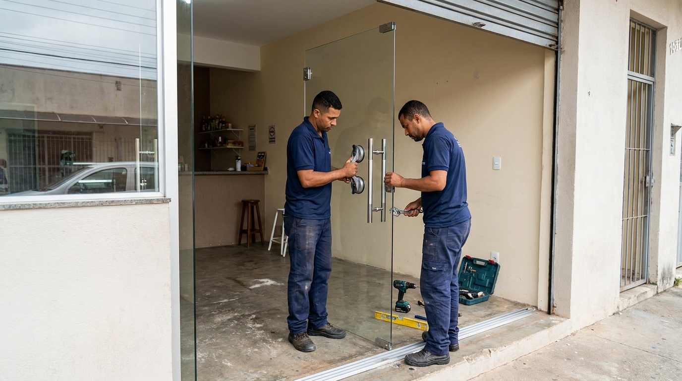 Dupla instalando porta de vidro em loja em Ribeirão Preto-SP